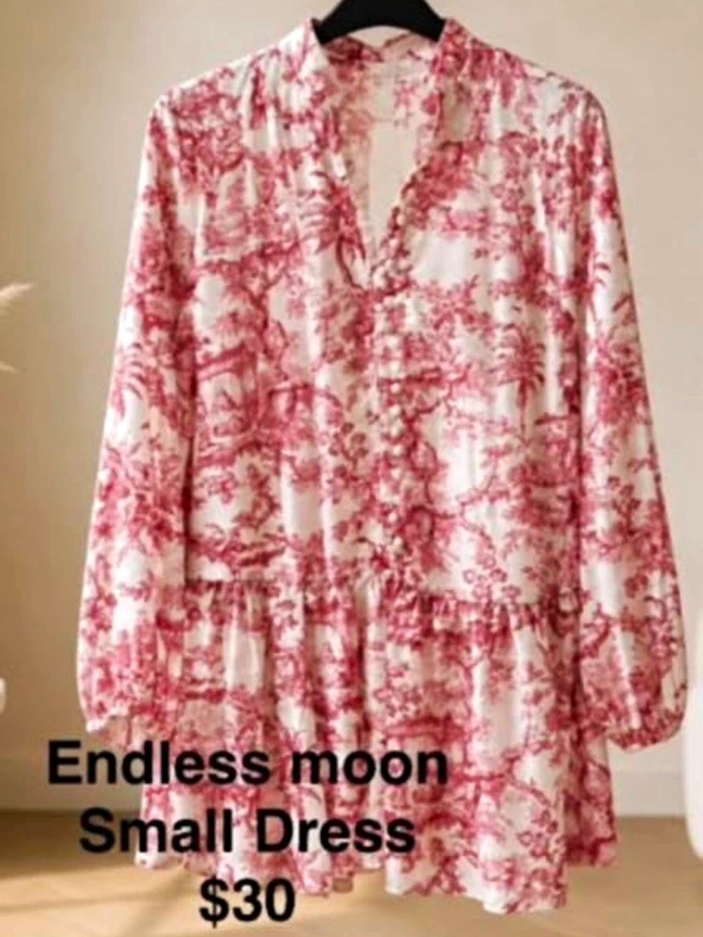 Endless Moon Pink/White Floral V-Neck Long Sleeve Button Ruffle Mini Dress S